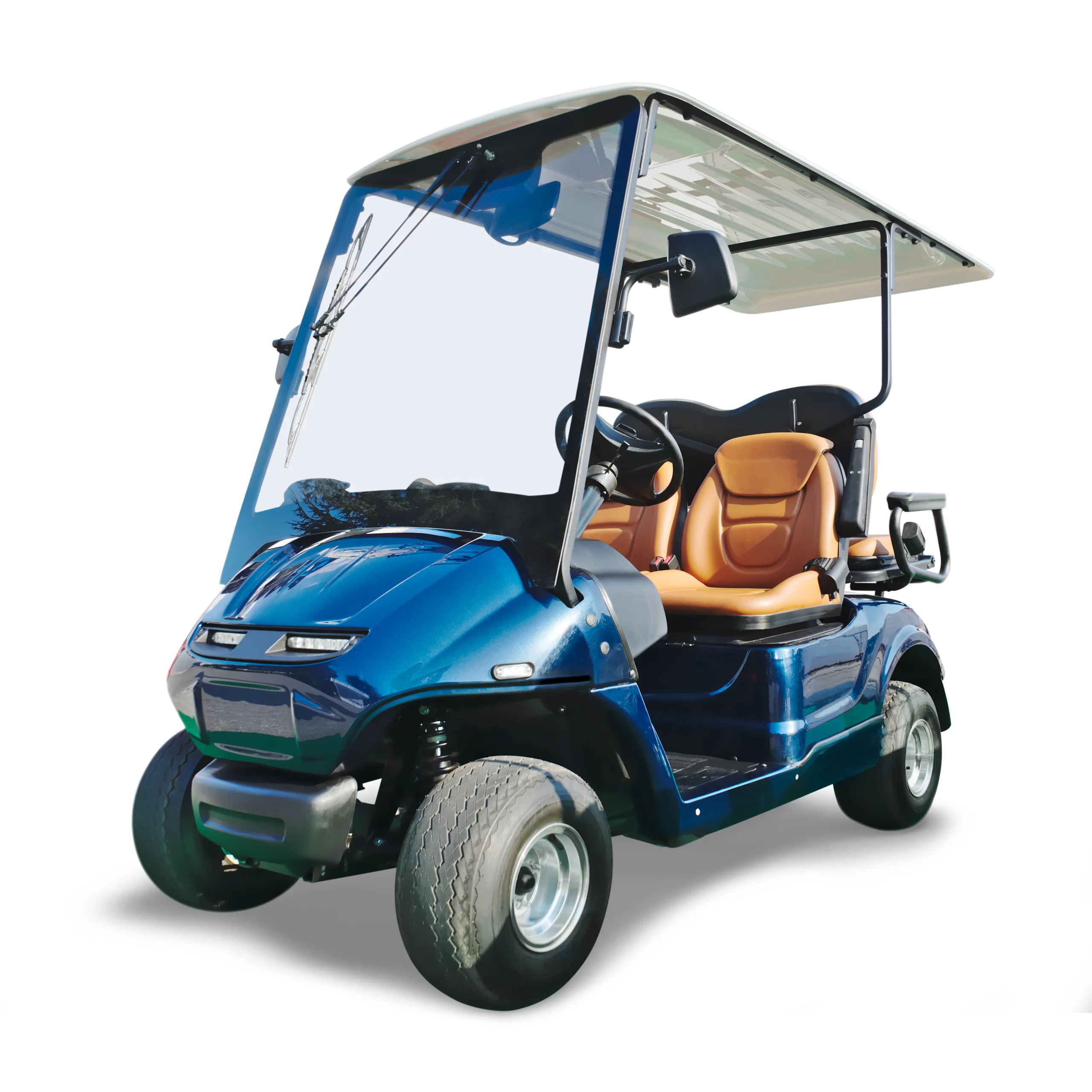 Blue electric golf cart with brown premium seats, transparent windshield, black rearview mirrors and retractable sun canopy. fsebattery Sport Edition isolated on white background showcasing professional course vehicle design.