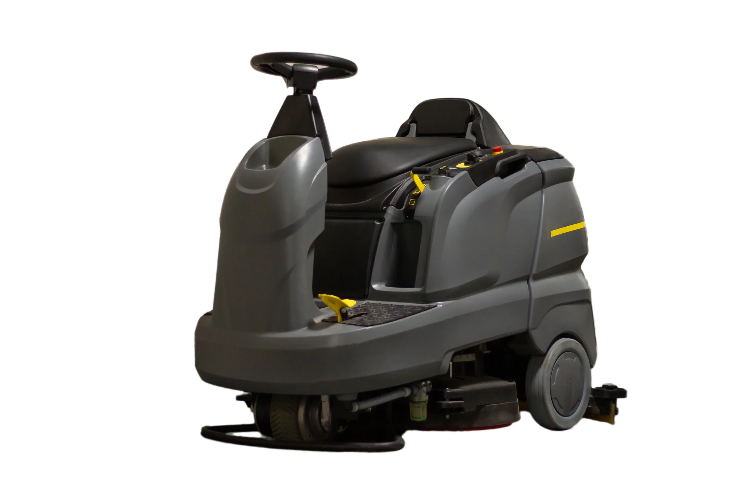 Grey-black industrial ride-on scrubber dryer with yellow safety accents, featuring black steering wheel, contoured seat, and visible cleaning brushes. fsebattery's professional cleaning equipment isolated on white background demonstrating efficient floor maintenance technology.