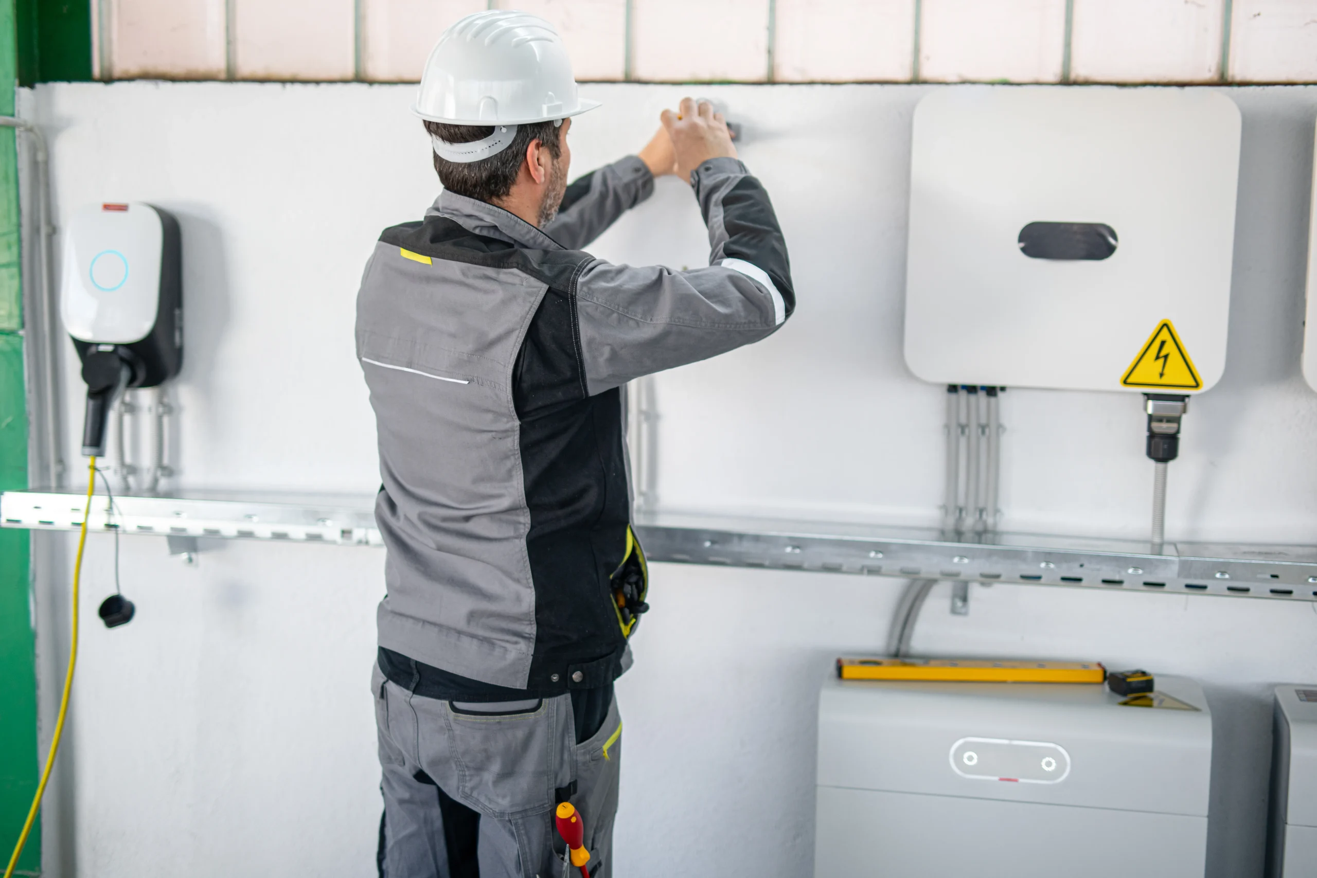 IEC-certified technician in white hard hat and CAT III PPE performing voltage verification on fsebattery power distribution panel. Industrial wall-mounted equipment with yellow hazard warning labels indicates high-voltage safety protocols.