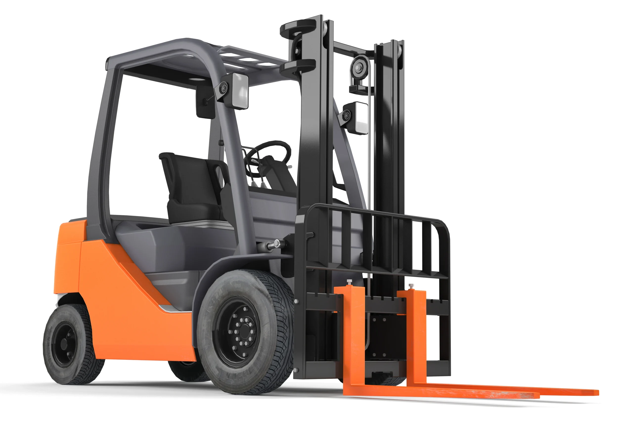 Orange and black industrial forklift with "LEN" chassis marking lifting cargo. Features reinforced black forks, contoured operator seat, and large treaded tires. fsebattery's heavy-duty material handling solution isolated on white background.