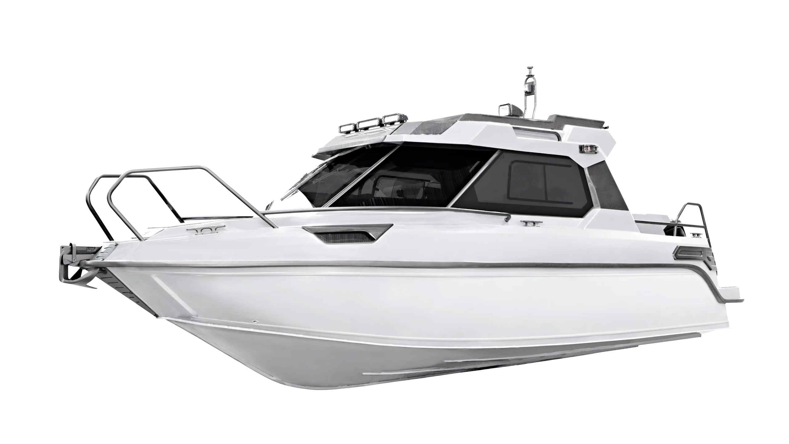 Sleek white motor yacht with aerodynamic hull, silver metal railings, and dark-tinted cockpit windows. fsebattery marine design featuring integrated lighting systems, antenna arrays, and teak-look stern platform isolated on white background.