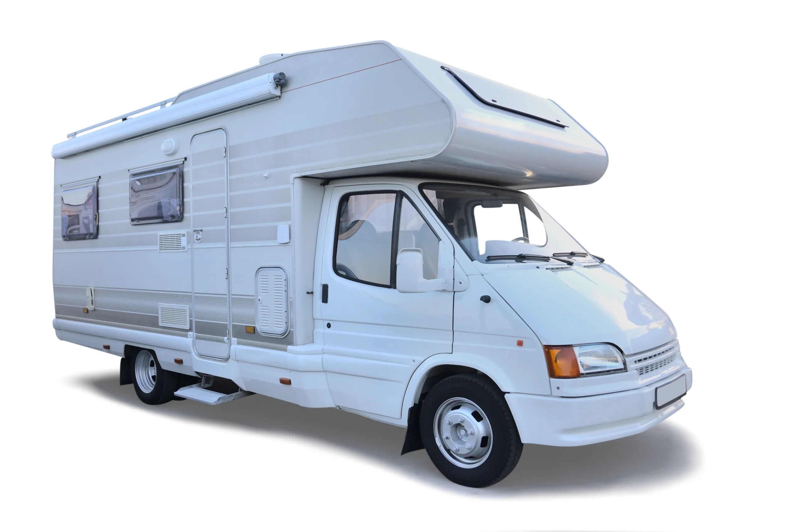 White luxury camper van with aerodynamic roofline, multiple panoramic windows, and integrated entry steps. fsebattery's travel solution featuring streamlined body design and ventilation system isolated on pure white background.