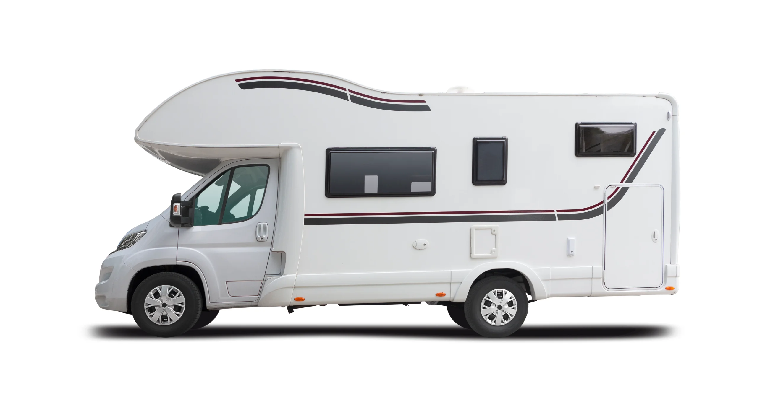 White luxury camper van with aerodynamic roofline, multiple panoramic windows, and integrated entry steps. fsebattery's travel solution featuring streamlined body design and ventilation system isolated on pure white background.