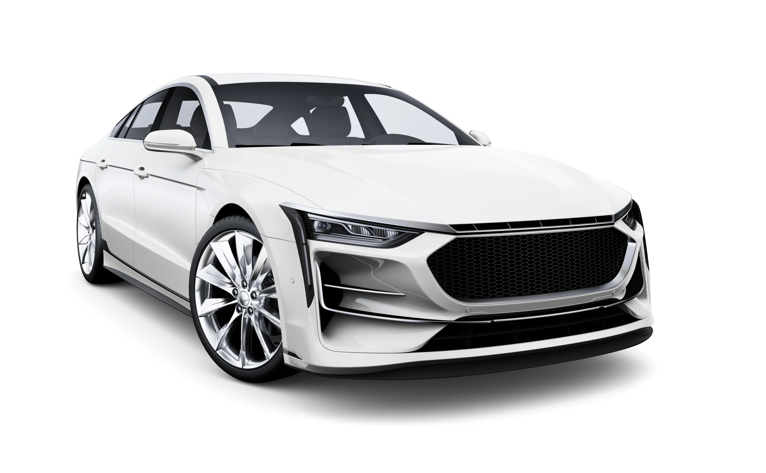 White modern four-door sedan with aerodynamic lines, black honeycomb grille, and silver alloy wheels. fsebattery's elegant design featuring sleek body contours isolated on pure white background.