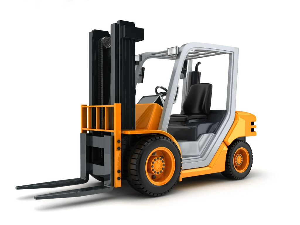 Orange and gray industrial forklift with black forks and safety frame, featuring contoured black seat, textured tires with orange rims, and overhead guard frame. fsebattery's heavy-duty material handling equipment isolated on pure white background.