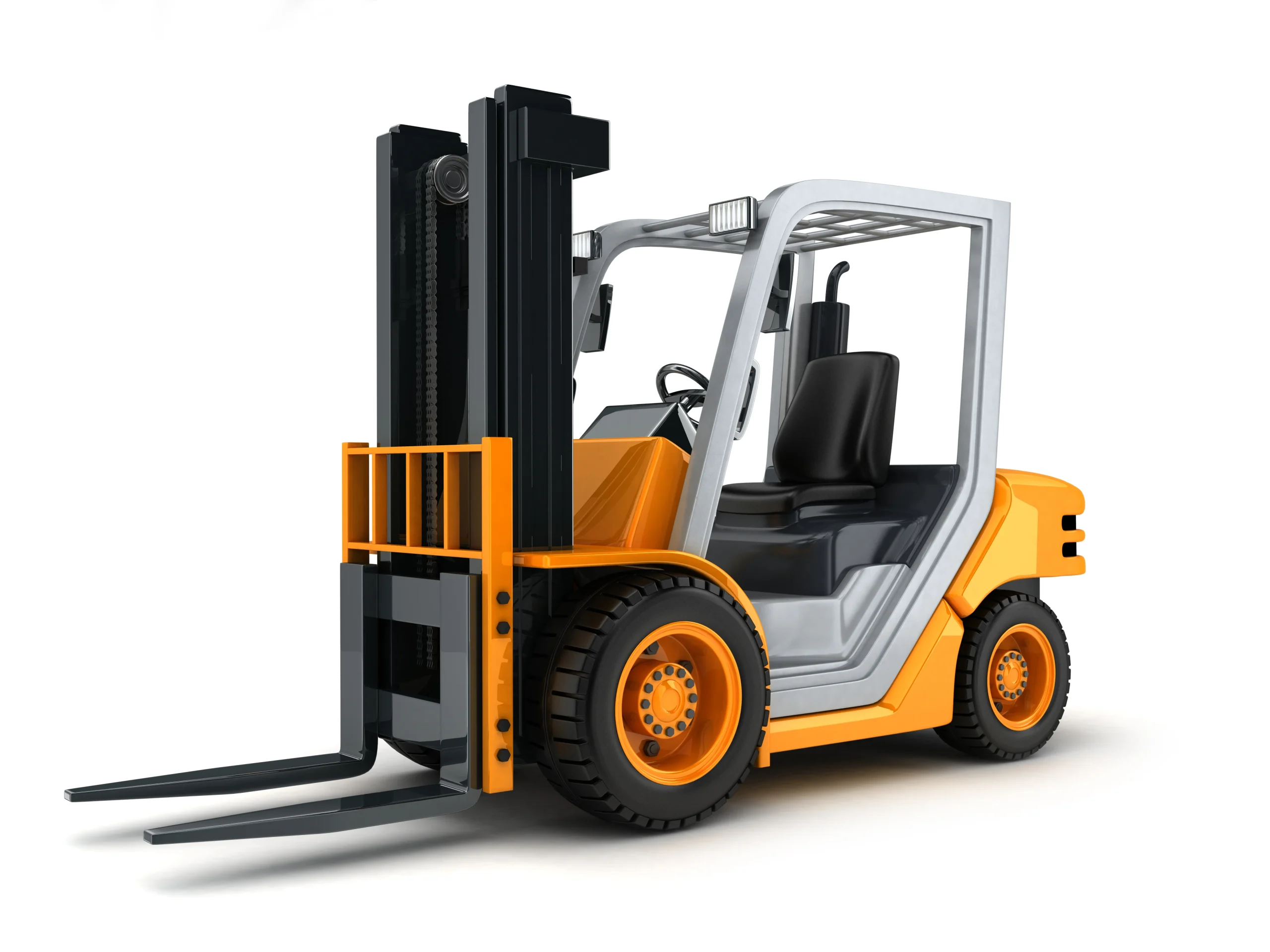 Orange and gray industrial forklift with black forks and safety frame, featuring contoured black seat, textured tires with orange rims, and overhead guard frame. fsebattery's heavy-duty material handling equipment isolated on pure white background.