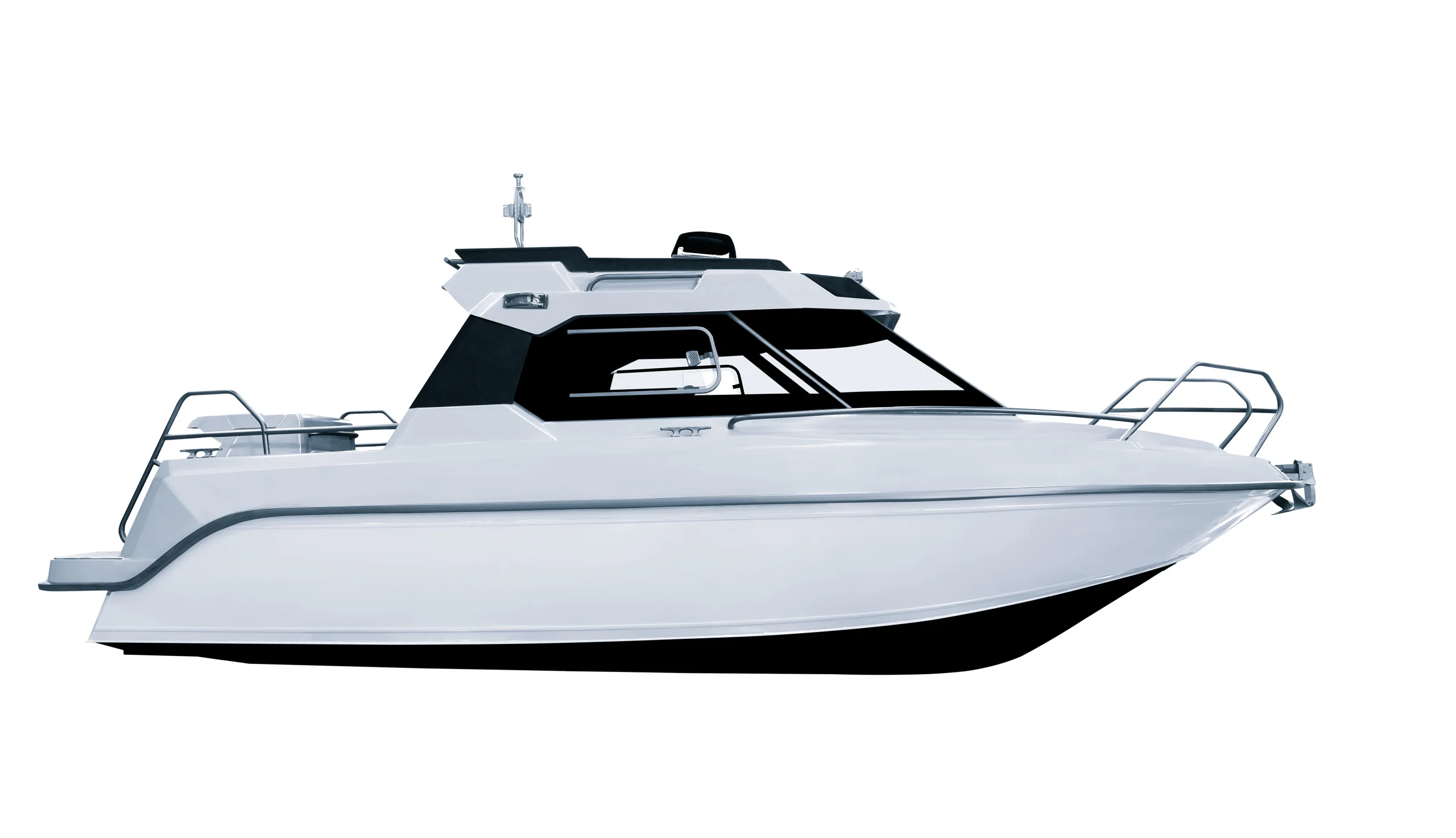 Sleek white motor yacht with aerodynamic hull design, silver metal railings, dark-tinted cockpit windows, and integrated antenna systems. fsebattery's marine engineering excellence showcased in professional product photography on pure white background.