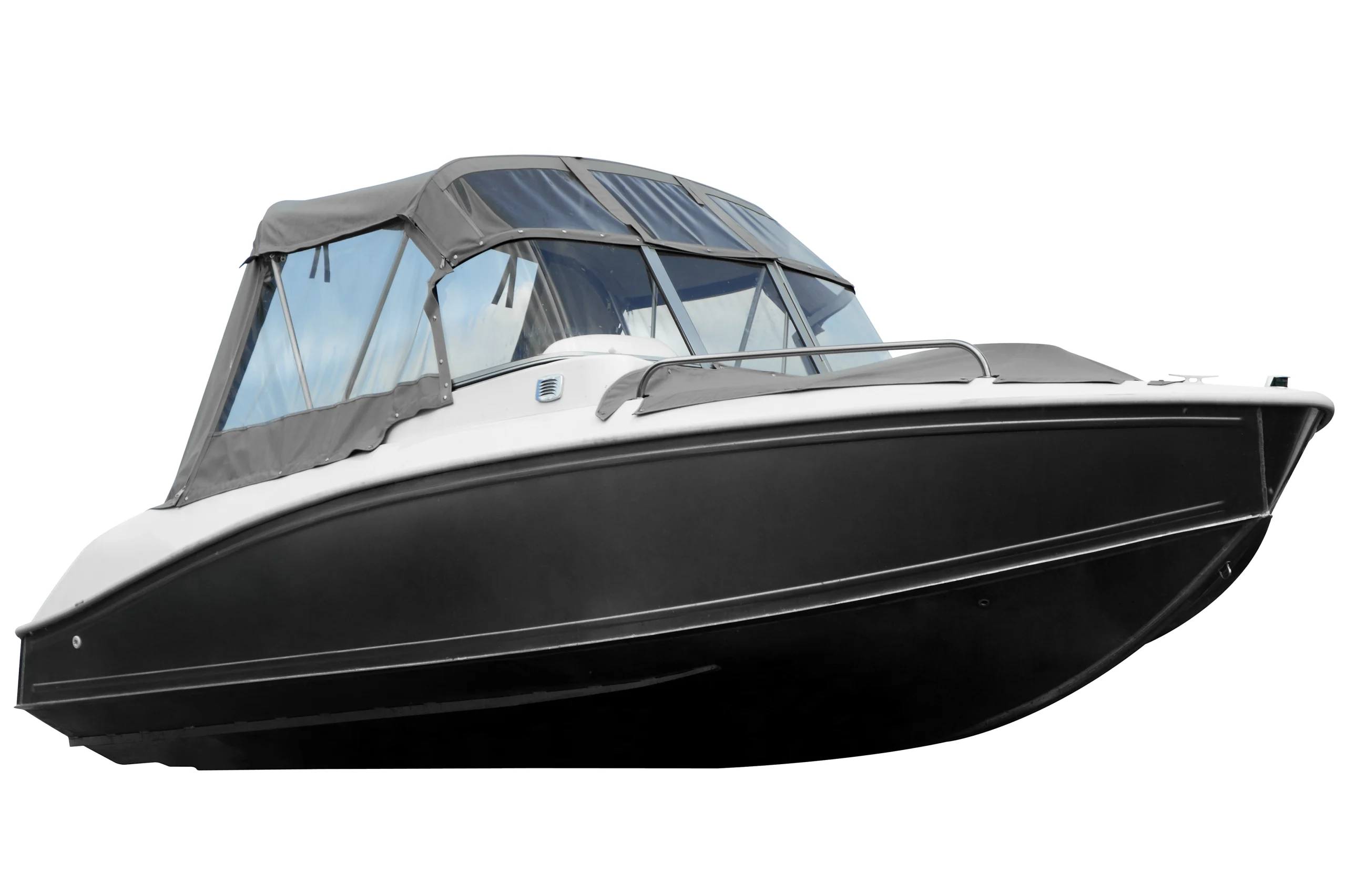 fsebattery Seafarer 800 marine craft with white upper hull, black lower hull, dark gray solar-ready canopy, and transparent windshield. Professional product showcase on pure white background demonstrating hydrodynamic design for eco-friendly navigation.