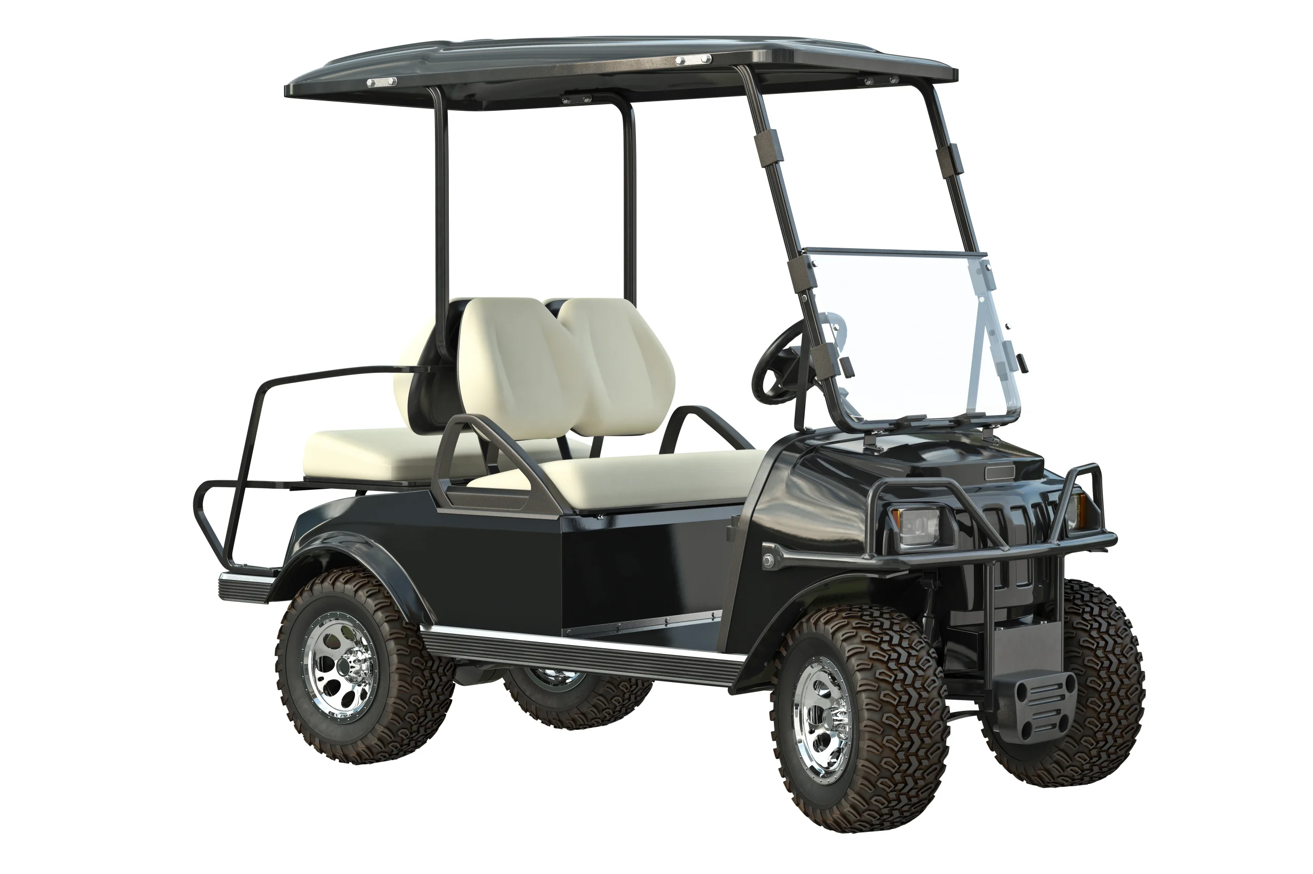 Black electric golf cart with sleek lines, beige premium seats, transparent windshield, and silver alloy wheels. fsebattery Sport Edition showcasing aerodynamic design with front headlights and reinforced bumper on pure white background.