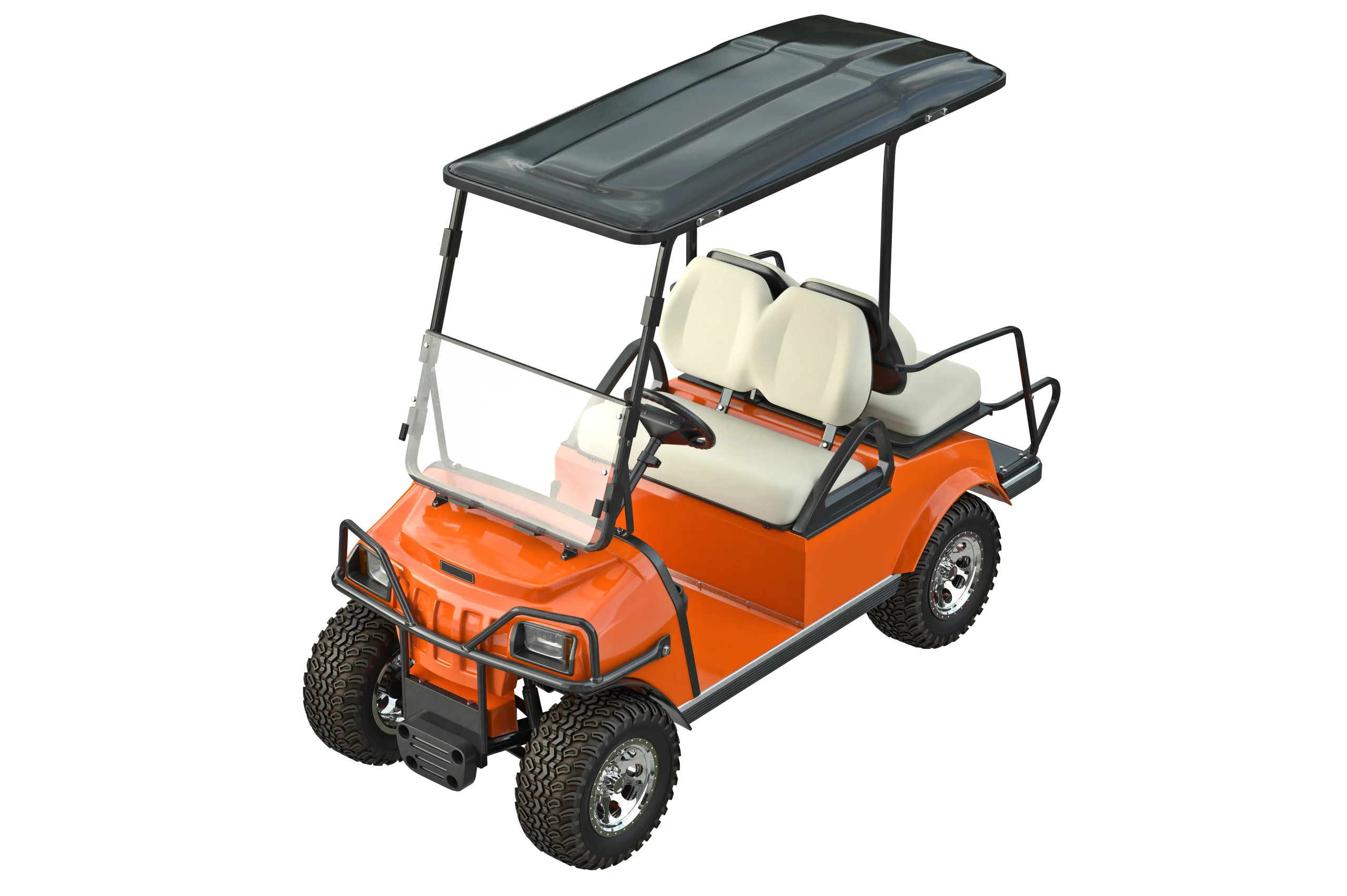 Vibrant orange electric golf cart with black roof, transparent windshield, light beige seats and black safety railings. fsebattery Sport Edition 4-seater vehicle featuring all-terrain tires and retractable sun canopy isolated on white background.