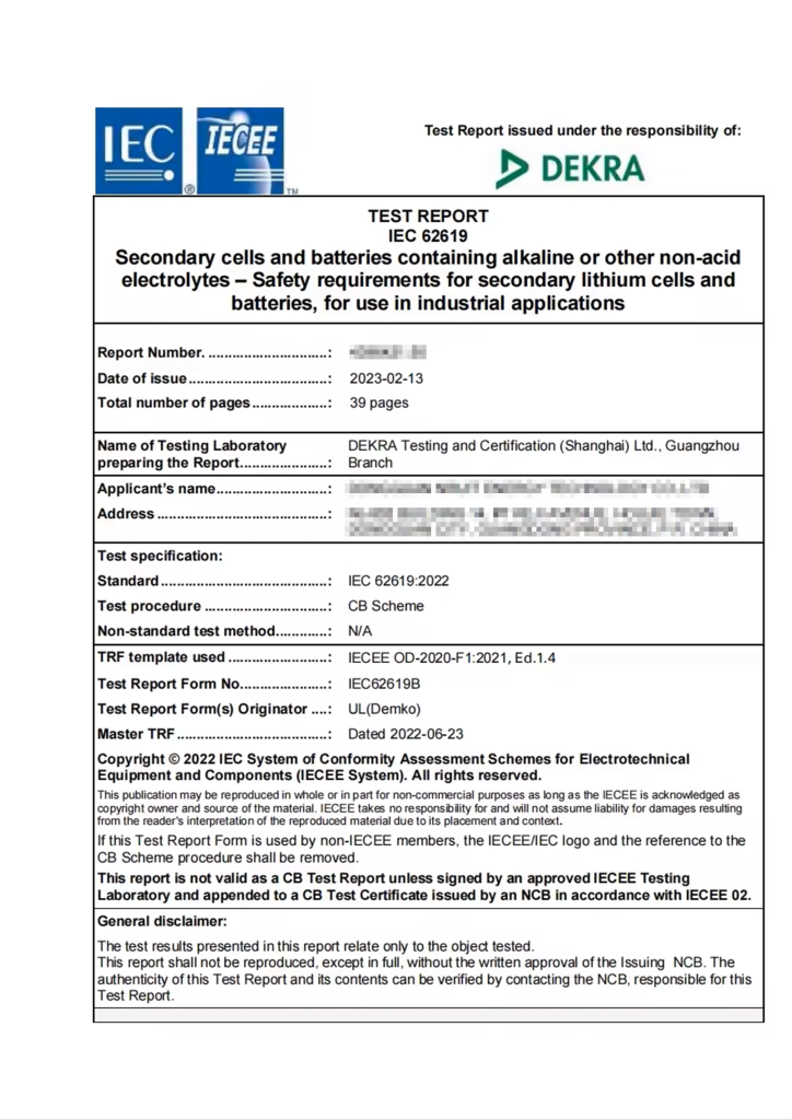 IECEE CB Test Report IEC 62619:2022 for industrial lithium batteries with DEKRA seal. Document displays report number CN170-2305-110-01, issued 2023-02-13 with validity under CB Scheme. fsebattery's safety compliance for industrial power systems.