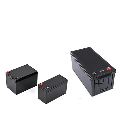 Three black LiFePO4 battery packs in graduated sizes (small/medium/large) on white background, featuring red terminals and silver casing. Demonstrates scalable customization options for industrial applications.