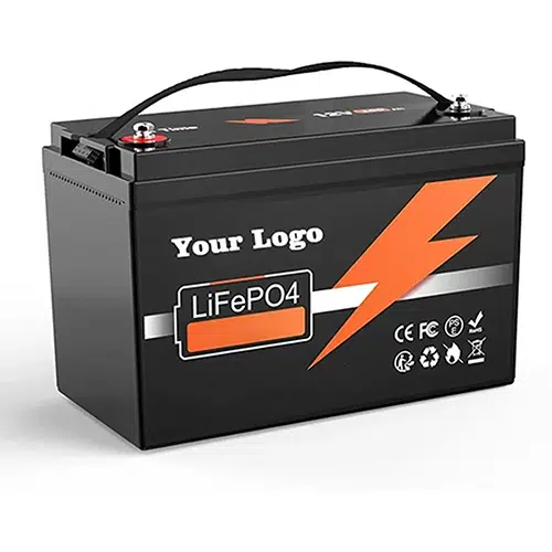 FSEbattery LiFePO4 lithium battery with black casing and orange lightning bolt design. Features white YOUR LOGO text and CE/FC certified markings for reliable power storage solutions.
