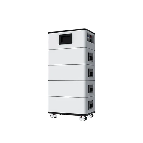 FSEbattery modular stackable lithium-ion battery system with five white units, black control panels, and silver caster wheels for industrial energy storage.