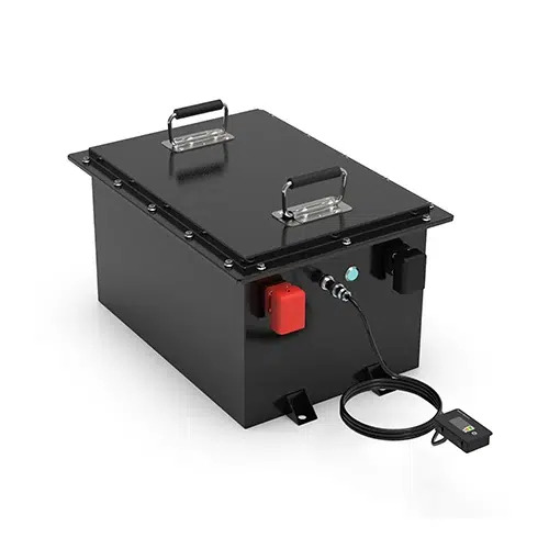 Black FSEbattery portable lithium battery unit with metal carrying handles, red power interface, and CQC certification marking for industrial power applications.