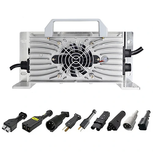 FSEbattery silver universal lithium battery charger with cooling fans, accompanied by various EU and US standard power connectors on pure white background.