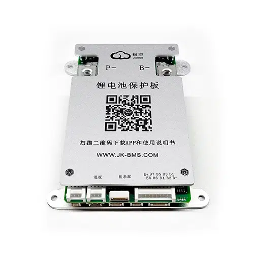 ​​Silver JK BMS BD4A8S-4P 6P lithium battery protection board with QR code, Bluetooth connectivity, and multiple balance connectors for battery management systems.