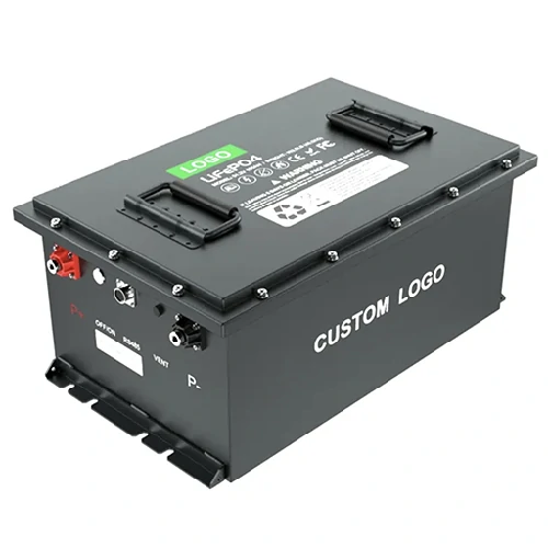 FSEbattery custom black lithium-ion battery pack with multiple connection ports, status indicators, and customizable logo area for private labeling.