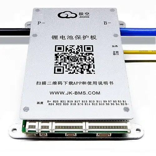 FSEbattery JK BMS protection board model BD4A24S-6P8P with metallic housing, QR code for app download, Chinese technical markings, and connection ports for advanced battery management.