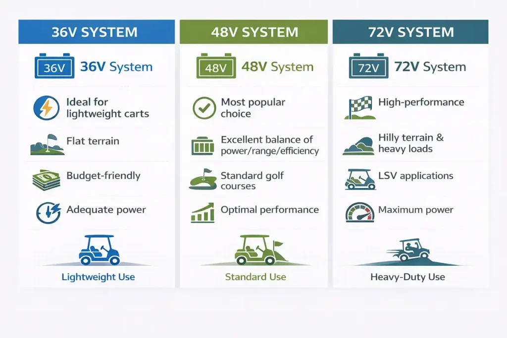 Comparison of 36V, 48V, and 72V lithium battery systems, showing recommended applications from lightweight golf carts to heavy-duty and high-performance vehicles.