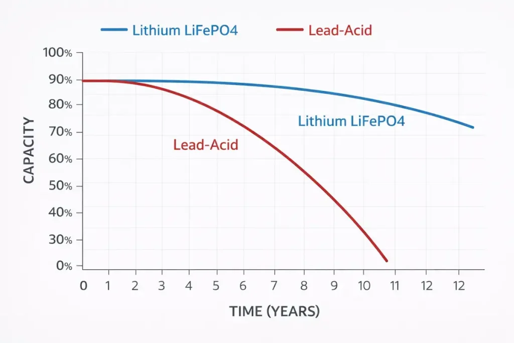 Battery capacity degradation over time comparing lithium LiFePO4 battery and lead-acid battery, showing lithium maintains higher capacity over a longer lifespan.