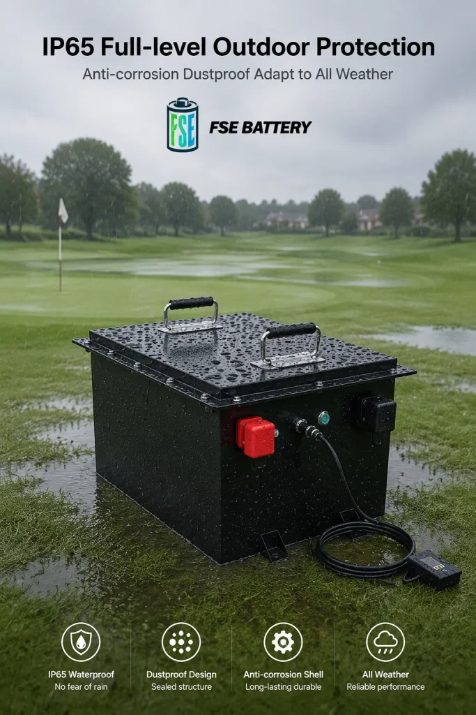 72V 200Ah golf cart battery with IP65 dust and water protection in rainy outdoor conditions