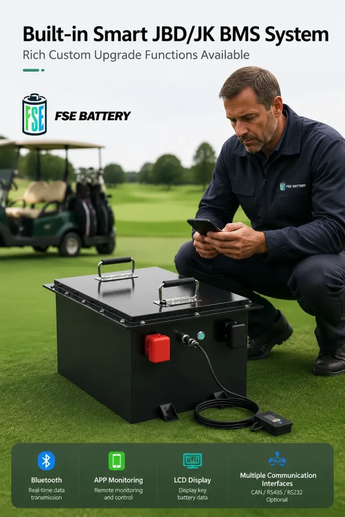 72V 200Ah golf cart battery with smart JBD or JK BMS, Bluetooth monitoring and optional communication interfaces