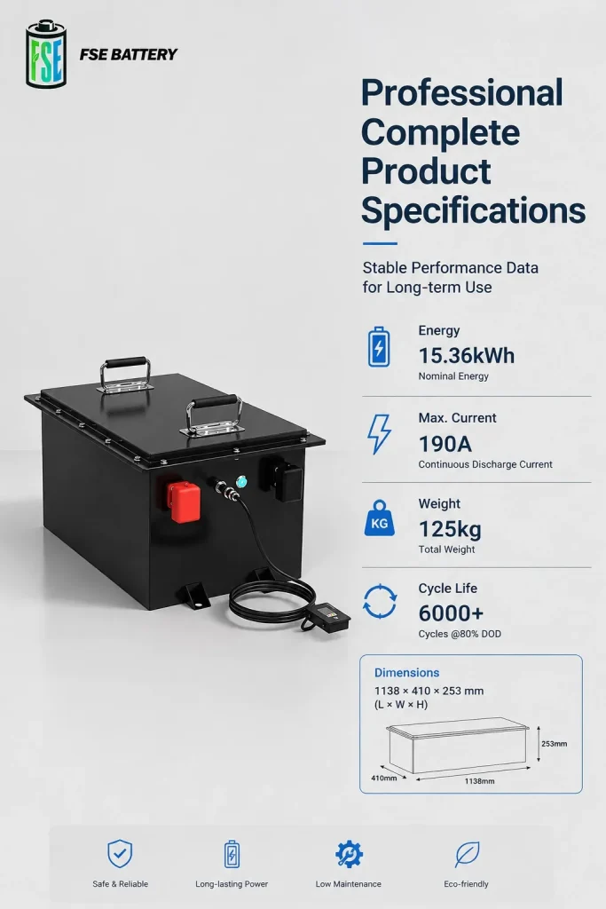 72V 200Ah golf cart battery specifications showing 15.36kWh energy, 190A current, 125kg weight and 6000+ cycles
