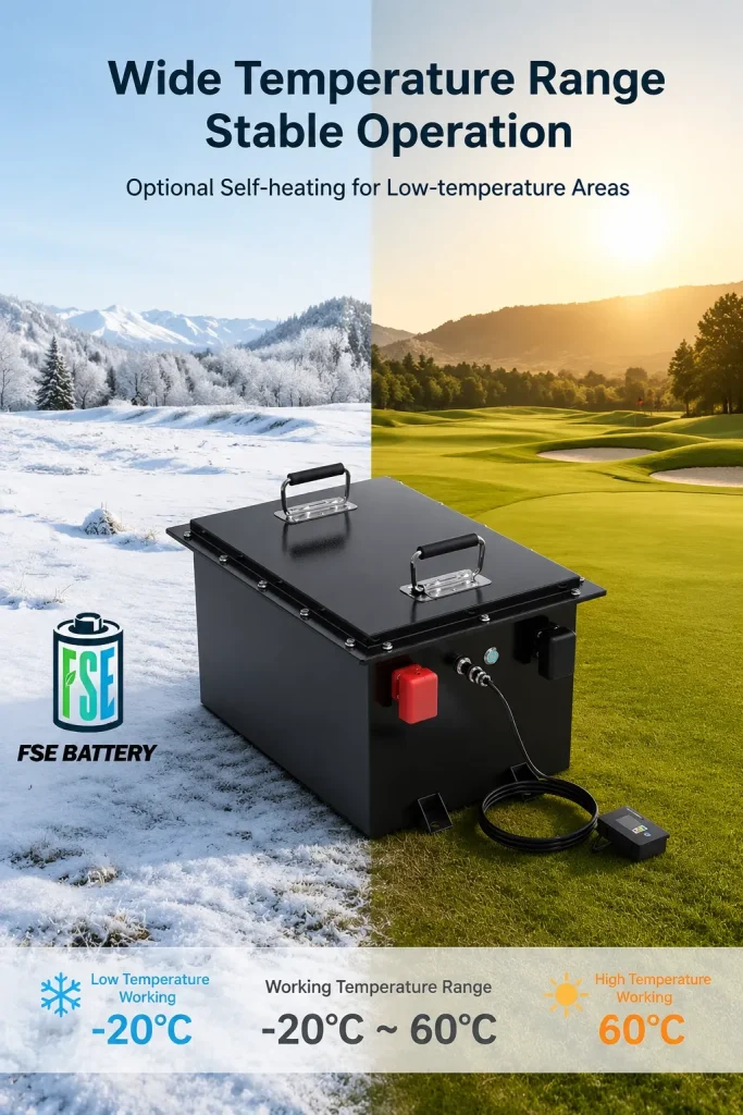 72V 200Ah golf cart battery operating in hot and cold environments with optional self-heating