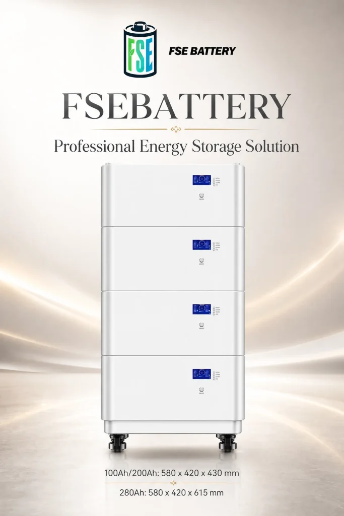 FSEBATTERY 51.2V 100Ah all-in-one home ESS with modular stacked battery cabinet and LCD displays