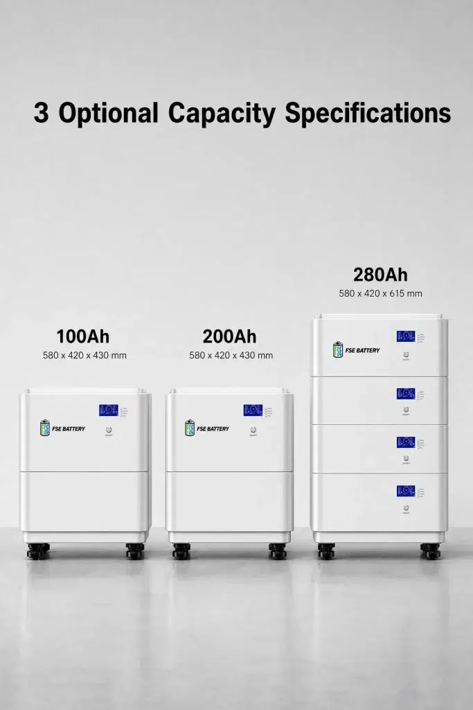 FSEBATTERY 51.2V home energy storage system in 100Ah, 200Ah and 280Ah capacity options