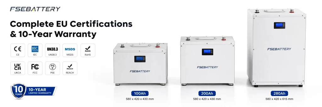 FSEBATTERY 51.2V home energy storage batteries in 100Ah, 200Ah and 280Ah models with certification and warranty information