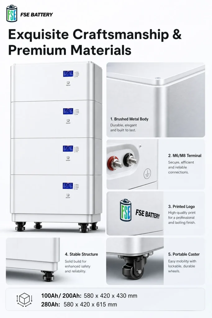 FSEBATTERY 51.2V home energy storage system with brushed metal enclosure, M6/M8 terminals and lockable caster wheels