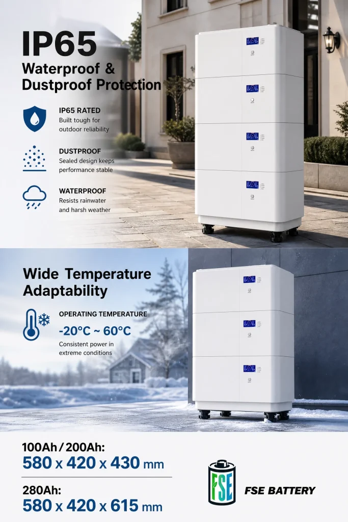FSEBATTERY 51.2V home energy storage system with IP65 protection and -20°C to 60°C operating temperature range