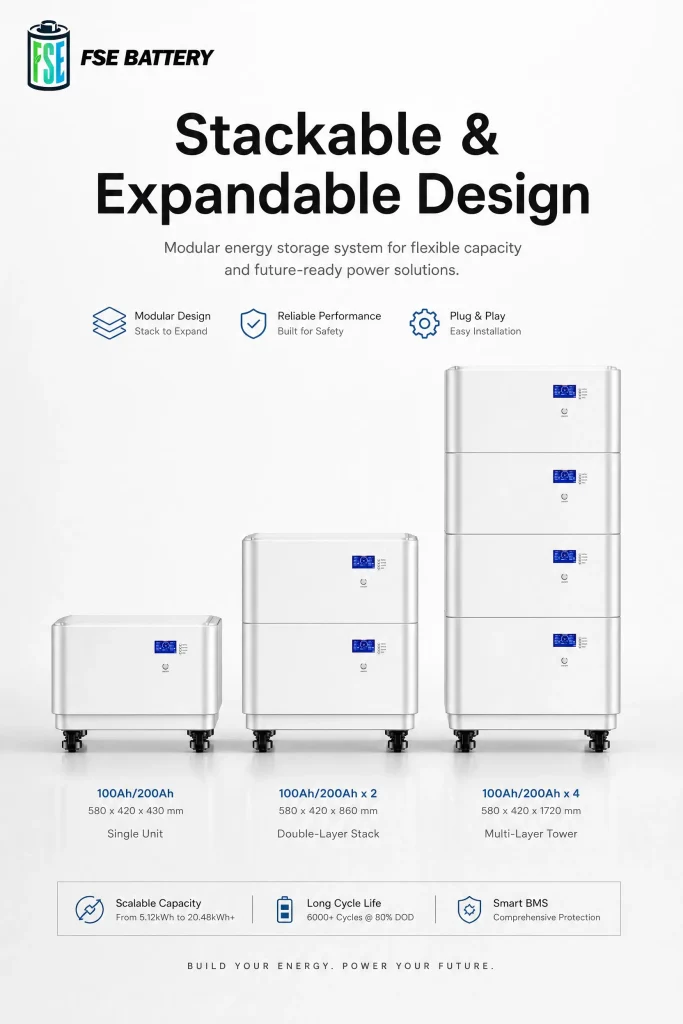 FSEBATTERY stackable home energy storage system with expandable 5.12kWh to 20.48kWh modular battery capacity