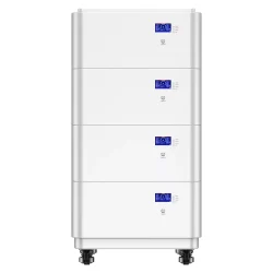 51.2V 100Ah all-in-one home ESS with stacked LiFePO4 battery modules and LCD displays