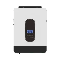 FSEbattery white and black 5kW off-grid solar inverter model 080100 with blue LCD display showing system data, function buttons, and modern interface for solar power systems.
