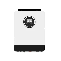 FSEbattery white and black hybrid solar inverter with LCD display showing system status, featuring MPPT technology and pure sine wave output.