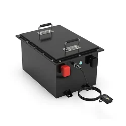 Black FSEbattery portable lithium battery unit with metal carrying handles, red power interface, and CQC certification marking for industrial power applications.