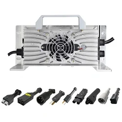 FSEbattery silver universal lithium battery charger with cooling fans, accompanied by various EU and US standard power connectors on pure white background.