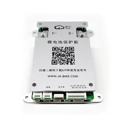 ​​Silver JK BMS BD4A8S-4P 6P lithium battery protection board with QR code, Bluetooth connectivity, and multiple balance connectors for battery management systems.